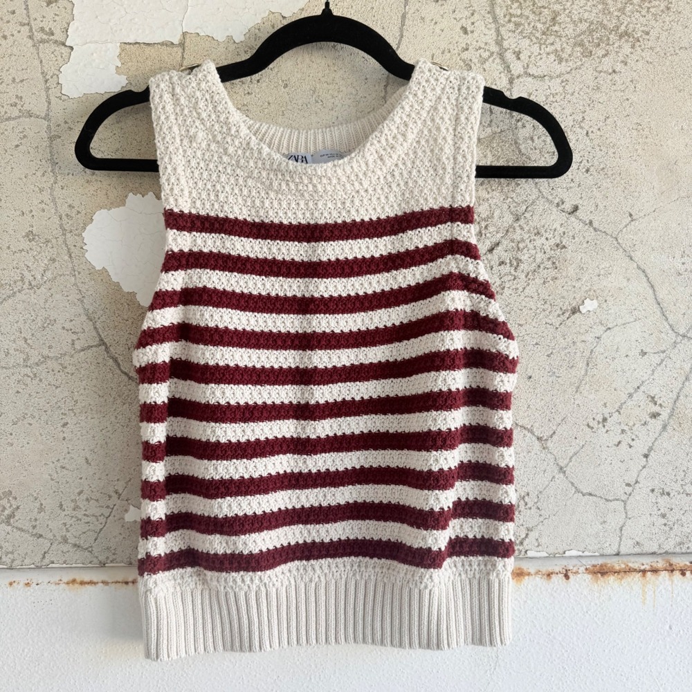 Zara Sweater Vest Striped Sleeveless Knit Crochet Top Gold Button Nautical M